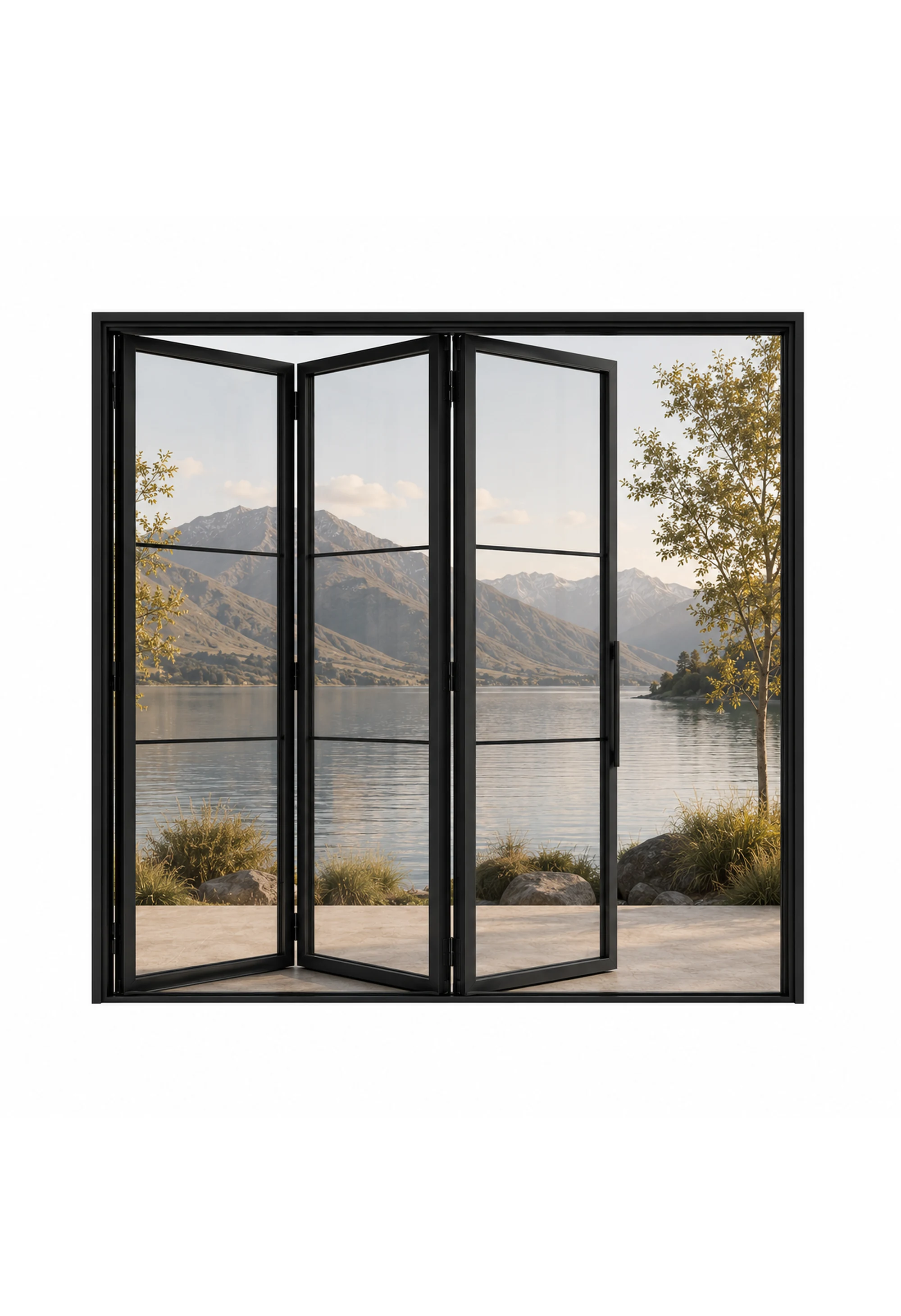 Tri-Panel Bi-Fold Steel Door — open