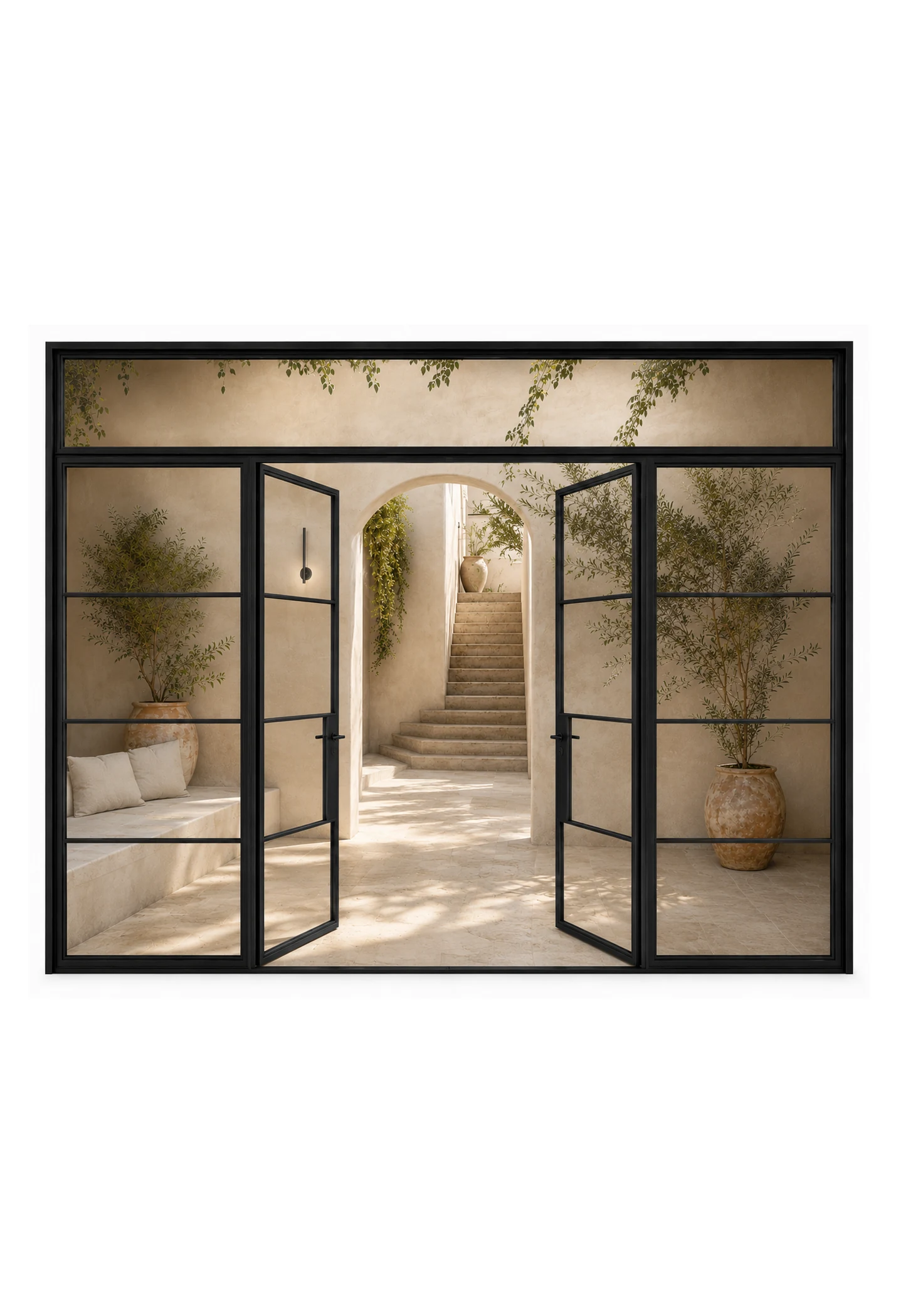 Double Steel Door with Sidelights & Transom — open