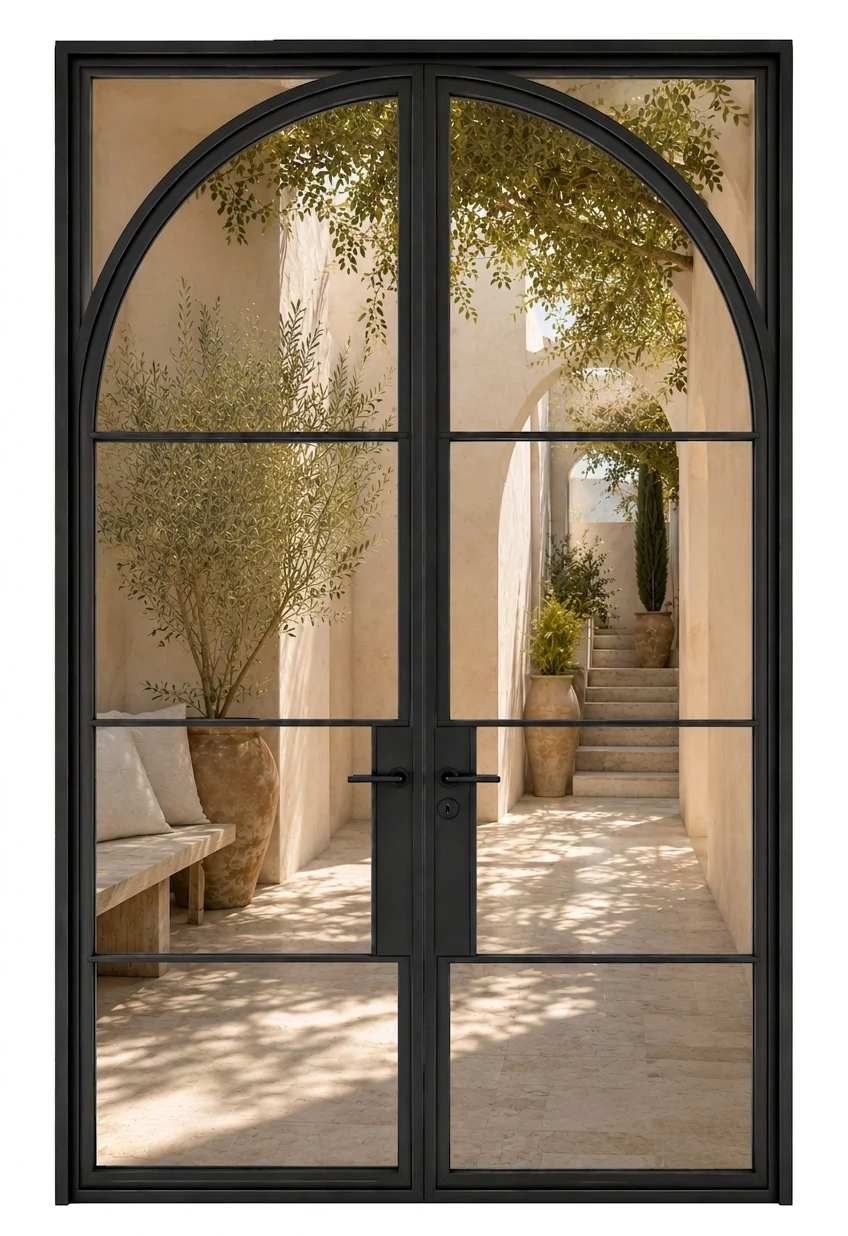 Arch-in-Square Double Steel Door — closed