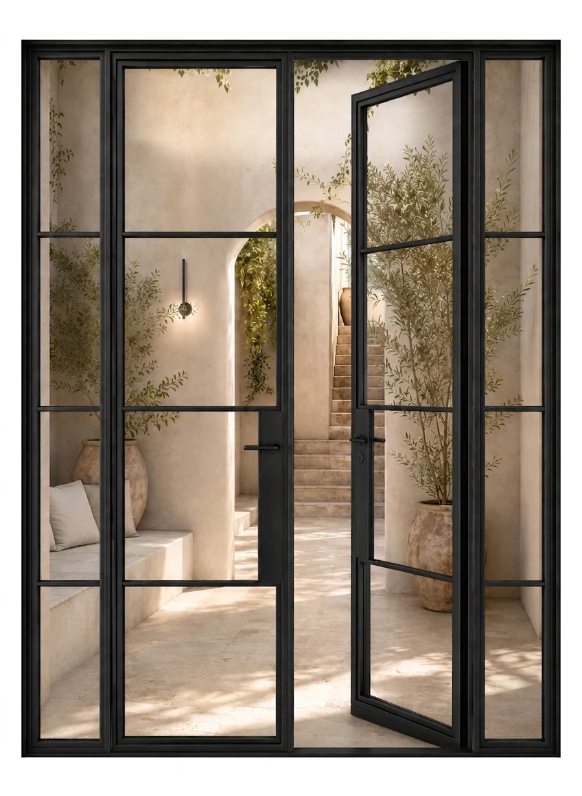 Single Steel Door with Twin Sidelights — open
