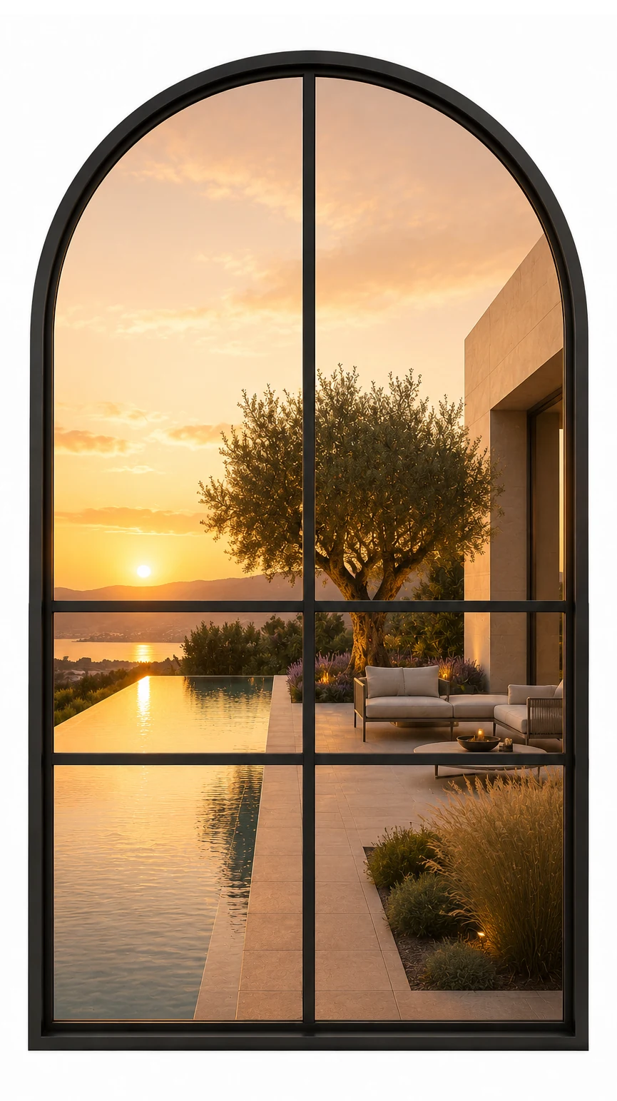 Arched-Top Fixed Steel Window — closed