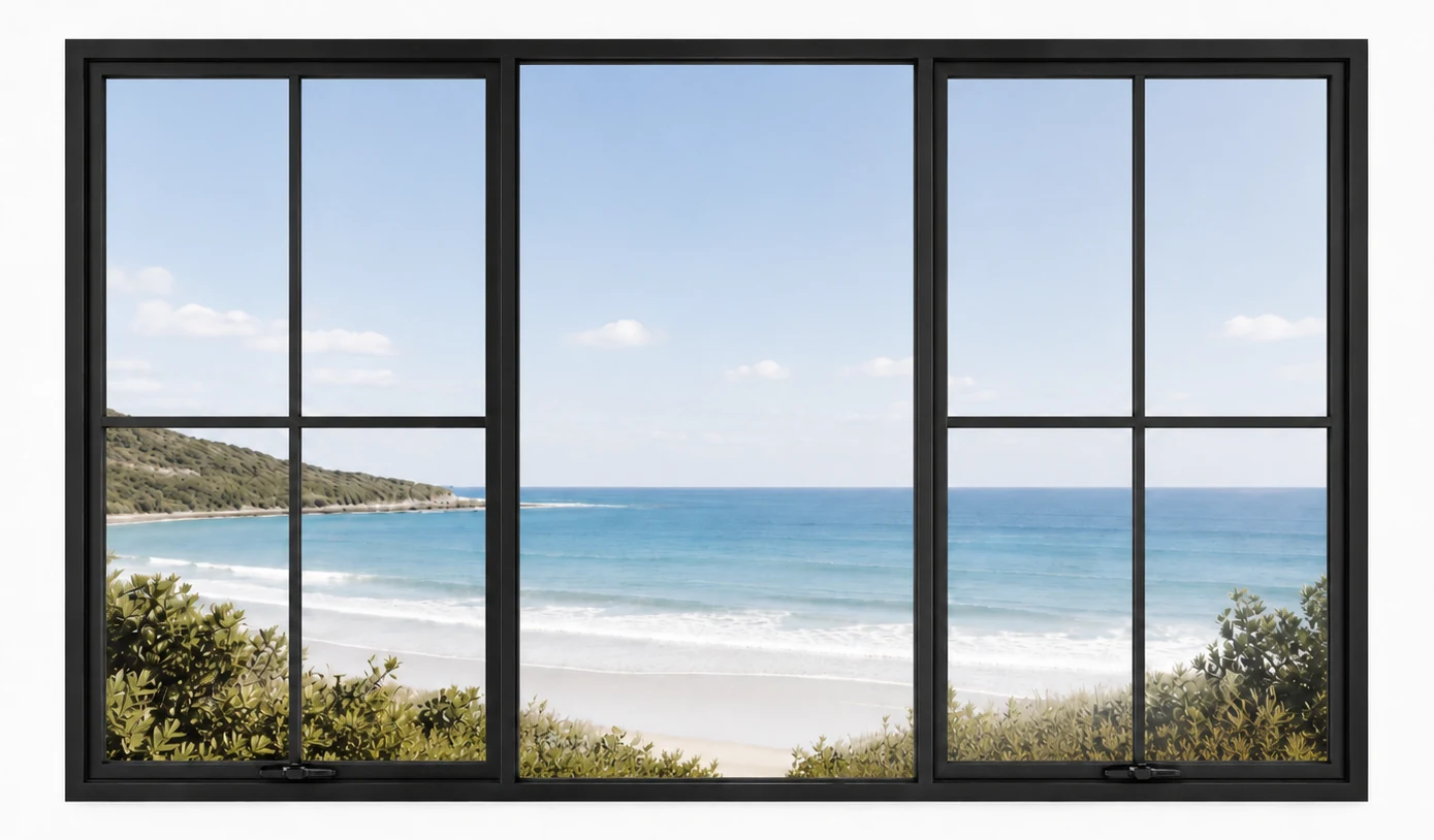 Triple-Section Steel Window with Double Awning — closed